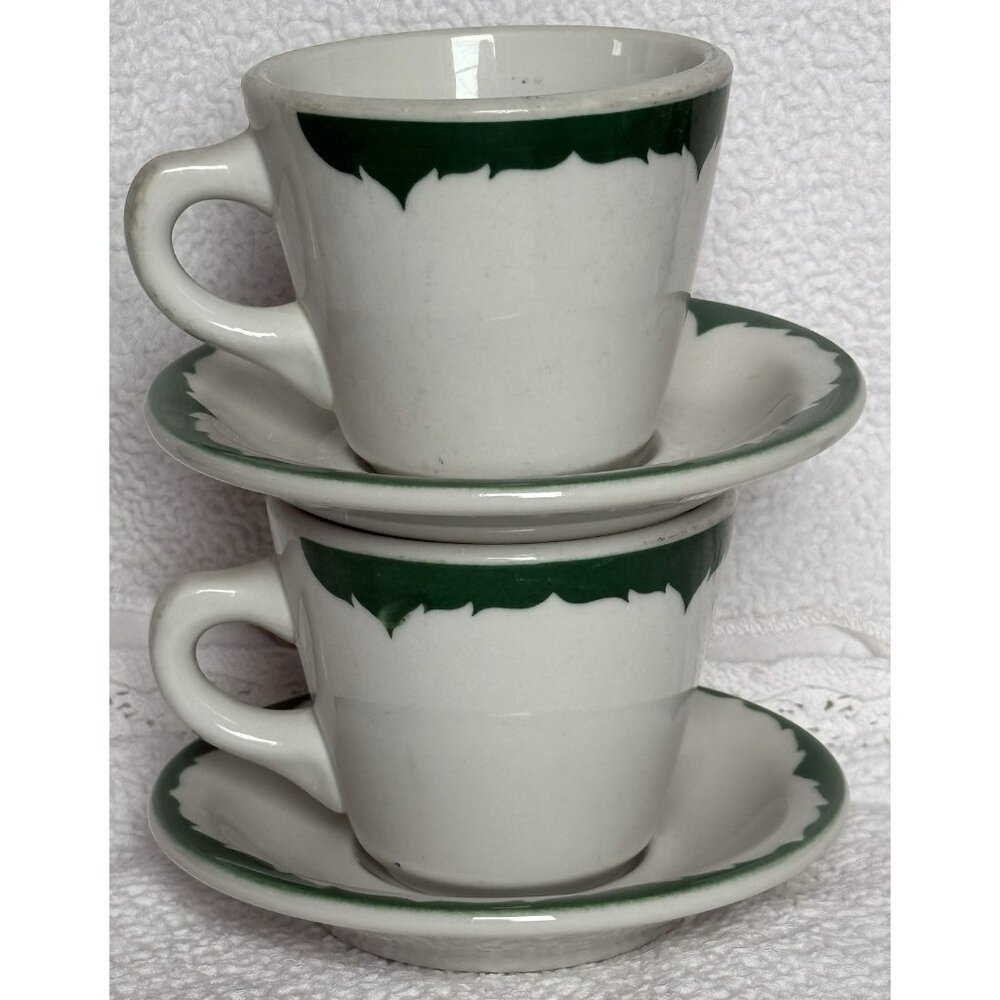 Vintage Shenango China Green Everglades Restaurant Ware Cups Saucers Set Of 2